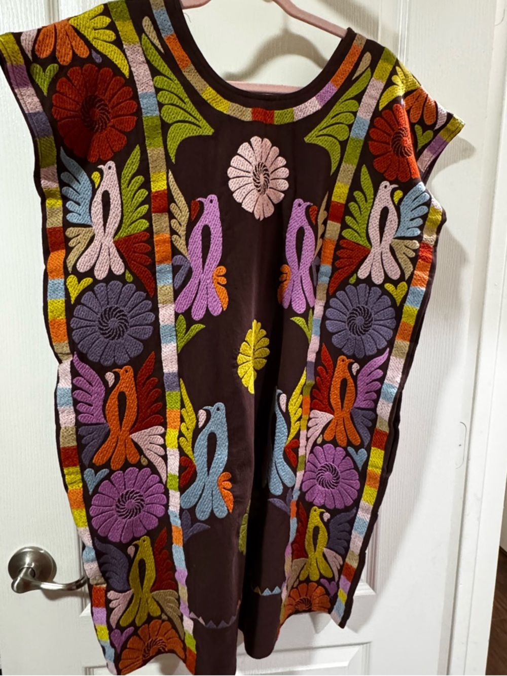 Hand-Embroidered Brown Floral & Bird Mexican Dress
